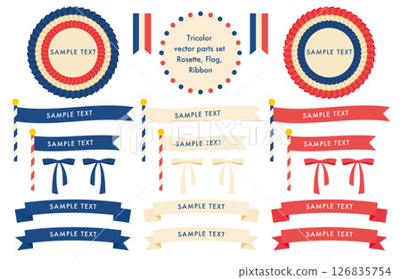 Tricolor rosette and ribbon decoration set | Rosette, ribbon, flag, decoration, frame, vector 126835754