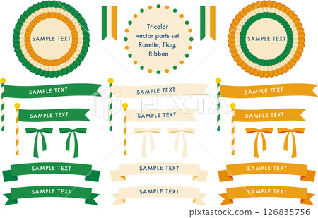 Tricolor rosette and ribbon decoration set | Rosette, ribbon, flag, decoration, frame, vector Tricolor rosette and ribbon decoration set | Rosette, ribbon, flag, decoration, frame, vector 126835756