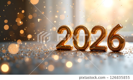 Elegant and festive Happy New Year 2026 celebration with golden balloons Elegant and festive Happy New Year 2026 celebration with golden balloons 126835855