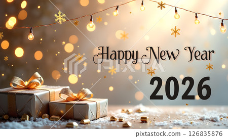 Festive Happy New Year 2026 Celebration with Gifts and Sparkling Lights Festive Happy New Year 2026 Celebration with Gifts and Sparkling Lights 126835876