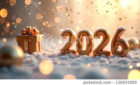 Festive 2026 New Year celebration scene with golden balloons and decorations 126835889