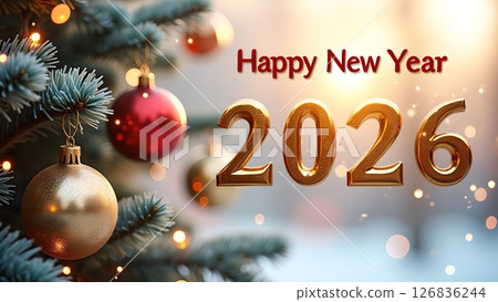 Festive 2026 New Year Celebration with Ornaments and a Glowing Background Festive 2026 New Year Celebration with Ornaments and a Glowing Background 126836244