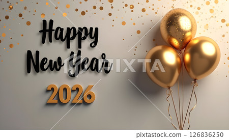 Elegant Happy New Year 2026 Celebration Design with Golden Balloons and Confetti 126836250