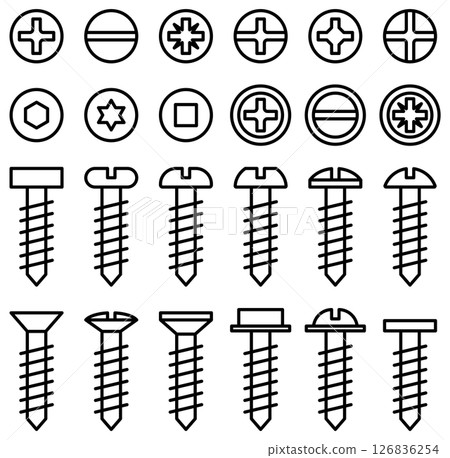 Set of vector illustrations of screws, bolts and screws of various shapes 126836254