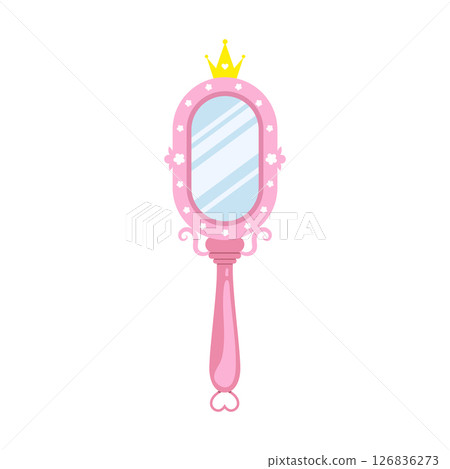 Princess mirror. Baby hand mirror with pink oval frame. Antique party element with gold crown. Vector illustration in flat cartoon style Princess mirror. Baby hand mirror with pink oval frame. Antique party element with gold crown. Vector illustration in flat cartoon style 126836273