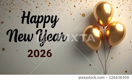 Festive Happy New Year 2026 Celebration with Golden Balloons and Glittering Stars Festive Happy New Year 2026 Celebration with Golden Balloons and Glittering Stars 126836309