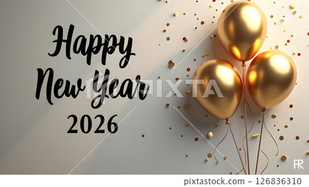 Elegant New Year 2026 Celebration with Golden Balloons and Confetti Design Elegant New Year 2026 Celebration with Golden Balloons and Confetti Design 126836310