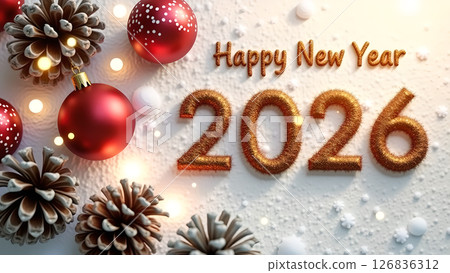 Festive 2026 New Year Celebration with Red Ornaments and Glittering Numbers 126836312