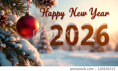 Festive Happy New Year 2026 Celebration with Snowy Decorations and Winter Wonderland 126836315
