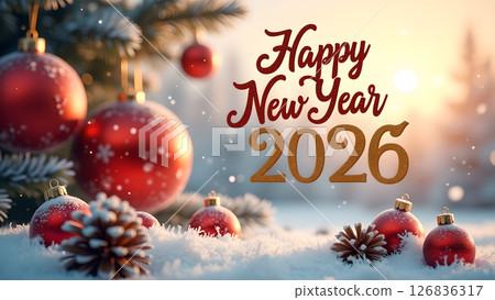Festive Happy New Year 2026 image with vibrant red ornaments and snowy background 126836317