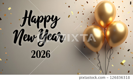 Elegant Happy New Year 2026 Celebration Background with Golden Balloons 126836318