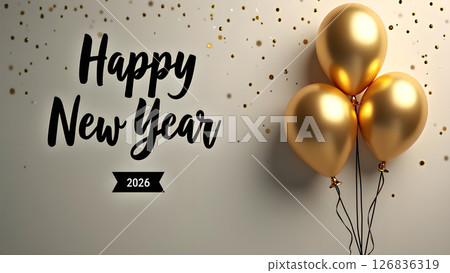 Elegant Happy New Year 2026 greeting card with golden balloons and confetti 126836319