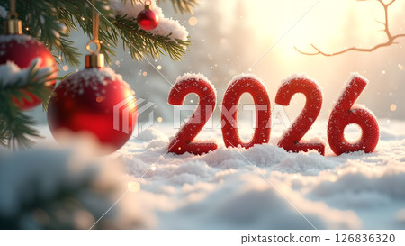 Festive 2026 New Year Scene with Red Ornaments and Snowy Landscape backdrop 126836320