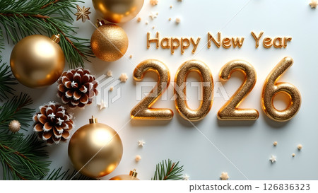 Festive 2026 New Year Celebration with Golden Decorations and Pine Branches 126836323