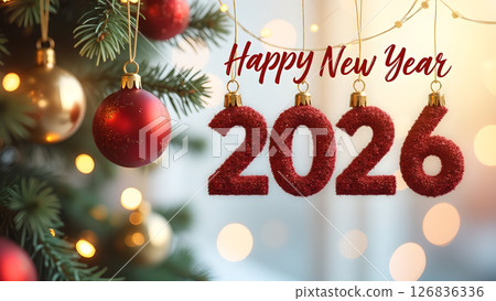 Festive Happy New Year 2026 Celebration with Ornaments and Christmas Tree 126836336