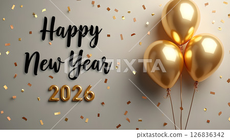 Festive Happy New Year 2026 Celebration with Gold Balloons and Confetti Decor Festive Happy New Year 2026 Celebration with Gold Balloons and Confetti Decor 126836342