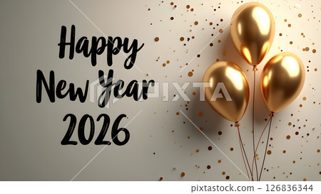 Elegant Happy New Year 2026 Celebration with Golden Balloons and Confetti Background Elegant Happy New Year 2026 Celebration with Golden Balloons and Confetti Background 126836344