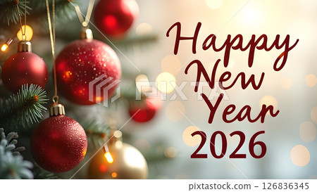 Festive Happy New Year 2026 Greeting with Decorated Christmas Tree Background 126836345
