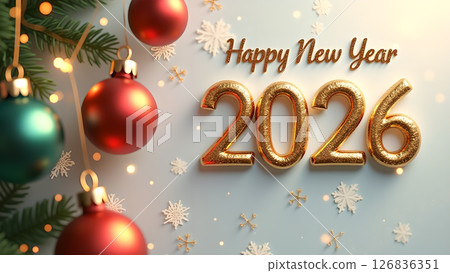 Festive Happy New Year 2026 Celebration with Golden Numbers and Ornaments 126836351