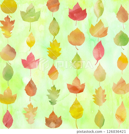 A pattern illustration of colorful cute fallen leaves lined up on a green background. Watercolor painting used. A pattern illustration of colorful cute fallen leaves lined up on a green background. Watercolor painting used. 126836421