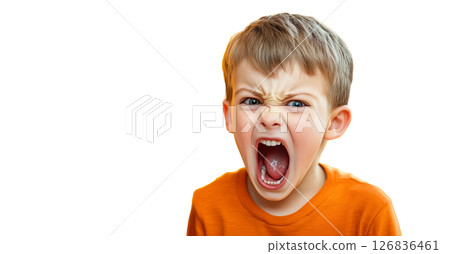 A child cries on isolated transparent packground. The crying child highlights the emotional pain and turmoil caused by parental arguments. Generative AI. 126836461