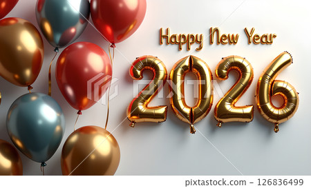 Festive Happy New Year 2026 Celebration with Balloons and Golden Inflatable Numbers 126836499
