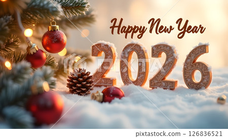 Festive Happy New Year 2026 Celebration with Christmas Tree and Decorations 126836521