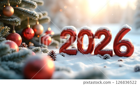 Festive New Year 2026: Sparkling Red Numbers in Winter Wonderland Scene with Snow 126836522