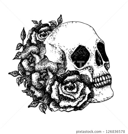 Skull with roses, leaves. Graphic goth illustration in Gothic style for Halloween and Day of the Dead isolated from background, with white plate. For packaging, textile, postcards, posters. Vector Skull with roses, leaves. Graphic goth illustration in Gothic style for Halloween and Day of the Dead isolated from background, with white plate. For packaging, textile, postcards, posters. Vector 126836578