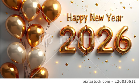 Elegant Happy New Year 2026 Celebration with Golden Balloons and Confetti Elegant Happy New Year 2026 Celebration with Golden Balloons and Confetti 126836611
