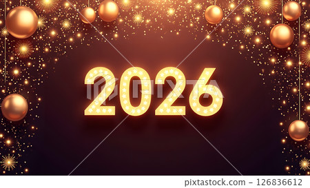 Festive 2026 new year celebration with gold decorations and sparkling lights Festive 2026 new year celebration with gold decorations and sparkling lights 126836612