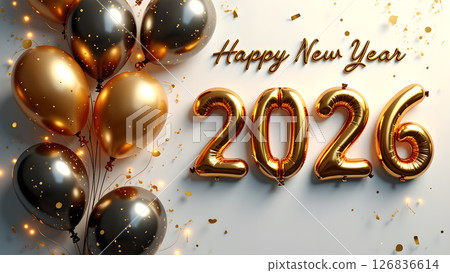 Festive and elegant Happy New Year 2026 celebration with golden and black balloons 126836614