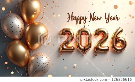 Festive New Year 2026 Celebration with Golden Balloons and Confetti Decoration 126836616