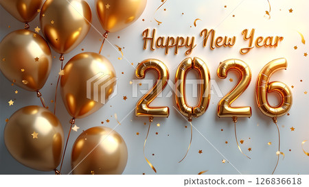 Festive Golden New Year 2026 Celebration with Balloons and Confetti Details Festive Golden New Year 2026 Celebration with Balloons and Confetti Details 126836618