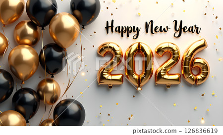 Elegant 2026 New Year Celebration with Gold Balloons and Confetti on White Backdrop Elegant 2026 New Year Celebration with Gold Balloons and Confetti on White Backdrop 126836619