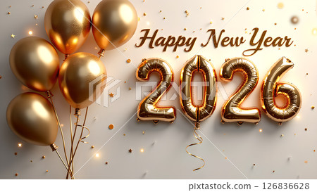 Festive Golden 2026 New Year Celebration with Balloons and Sparkling Confetti 126836628