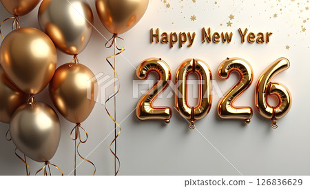 Elegant celebration of the New Year 2026 with golden balloons and sparkling confetti 126836629