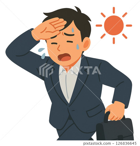 A man in a suit rushing in the scorching heat, an illustration of a businessman sweating in the hot sun, a company employee tired from the midsummer rush hour 126836645