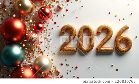 Festive 2026 New Year Celebration with Golden Numbers and Christmas Ornaments Festive 2026 New Year Celebration with Golden Numbers and Christmas Ornaments 126836763
