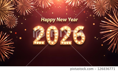 Radiant 2026 New Year Celebration with Golden Fireworks and Sparkling Lights Radiant 2026 New Year Celebration with Golden Fireworks and Sparkling Lights 126836771