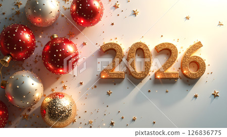 Festive 2026 New Year Celebration with Glittering Gold Numbers and Holiday Ornaments 126836775