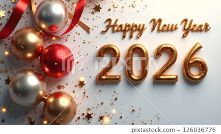 Festive New Year 2026 Celebration with Shiny Ornaments and Golden Confetti Festive New Year 2026 Celebration with Shiny Ornaments and Golden Confetti 126836776
