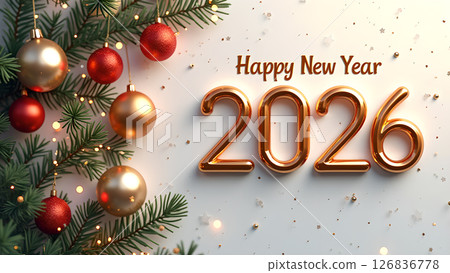 Elegant happy new year 2026 greeting card with ornaments and festive atmosphere Elegant happy new year 2026 greeting card with ornaments and festive atmosphere 126836778