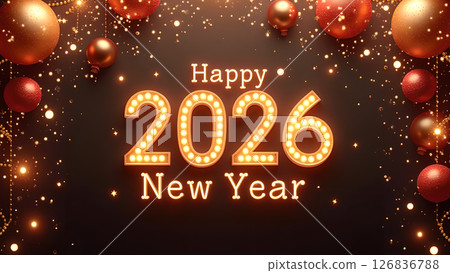Festive 2026 New Year Celebration with Decorative Balls and Sparkling Lights 126836788