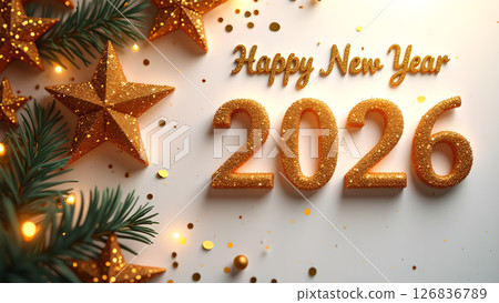 Festive and Glittering Happy New Year 2026 Celebration with Golden Decorations 126836789