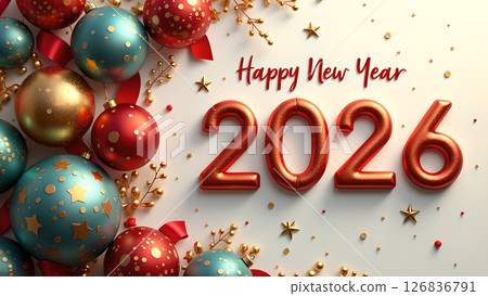 Festive 2026 new year background with colorful ornaments and shiny decorations 126836791