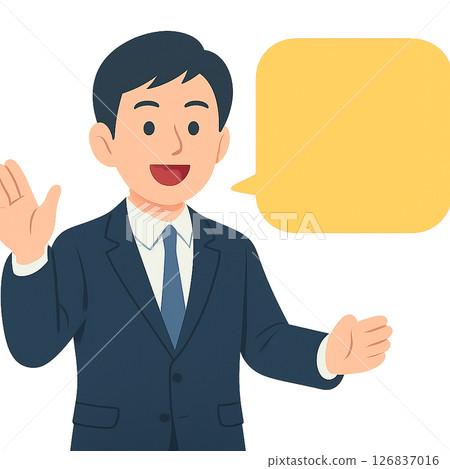 A male character in a suit speaking with a speech bubble, an illustration of a businessman explaining cheerfully, and a company employee 126837016
