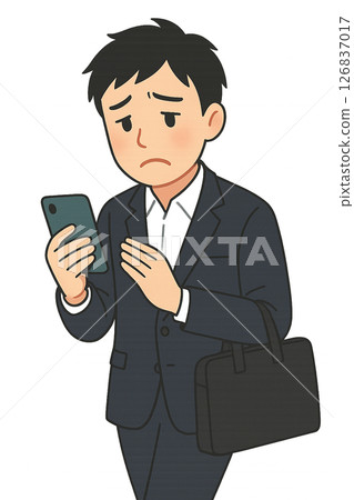 A man in a suit who is depressed after seeing a notification on his smartphone, a businessman who is shocked by bad news, 126837017