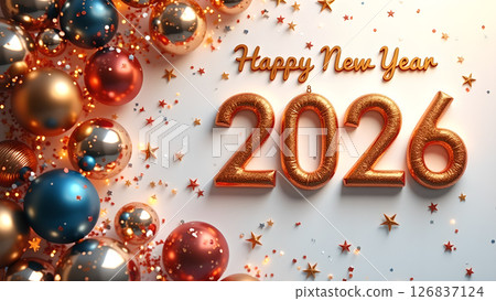 Sparkling New Year Celebration: Metallic Ornaments and Golden 2026 Wishes 126837124