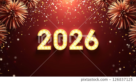 Festive 2026 New Year Celebration with Fireworks and Glowing Number Display 126837125